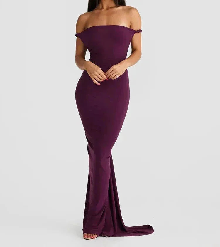 Alt text: "Women’s off shoulder ruched fitted backless maxi dress in soft fabric, featuring a flattering silhouette and…