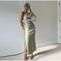 Olive green gray one-shoulder midi dress for women, featuring a side slit and crafted from soft, breathable fabric.
