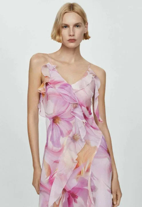 Women’s pink floral asymmetric midi dress featuring ruffles, made from lightweight fabric for a comfortable fit.
