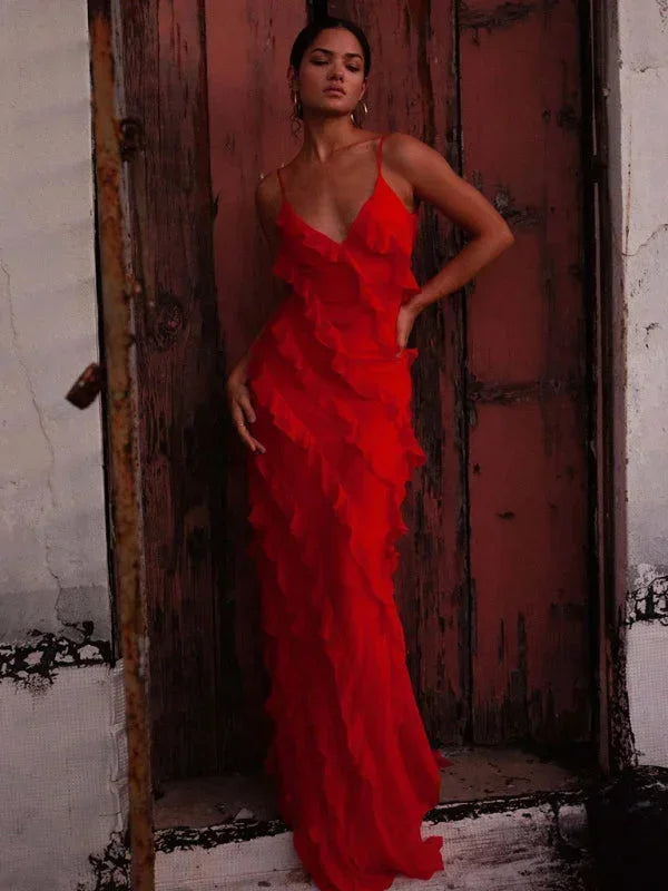 Red women's ruffle tiered maxi dress featuring spaghetti straps and lightweight fabric for a flowy, comfortable fit.