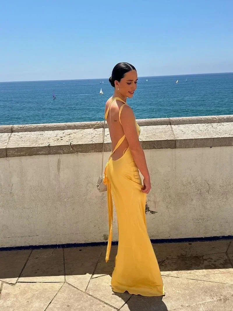 Women’s satin backless maxi dress with spaghetti straps, featuring a flowing silhouette and soft, sheen finish.
