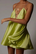 Green satin mini dress for women featuring chain details and a sleek silhouette for a stylish and contemporary look.