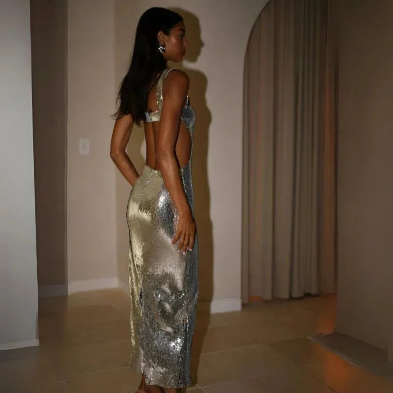 Alt text: Women's fitted silhouette maxi dress featuring sequins and a smooth fabric, perfect for evening events or special…