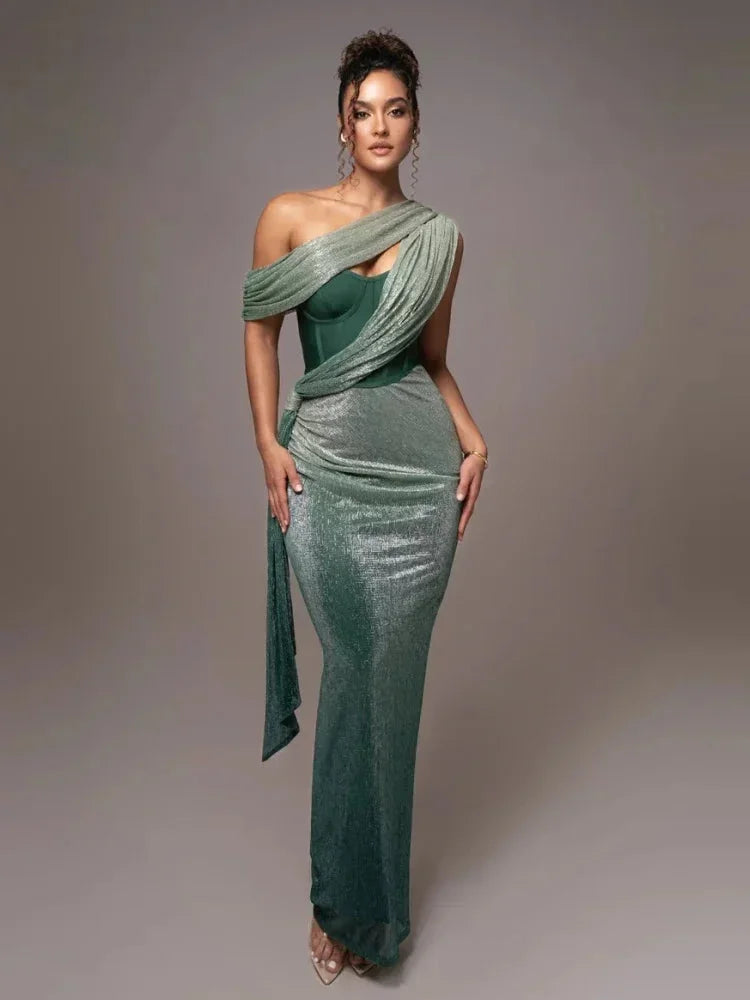 Women’s asymmetric evening maxi dress featuring a draped neckline and shimmering fabric, perfect for formal occasions.