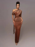 Women’s brown asymmetric evening maxi dress featuring a draped neckline and shimmering fabric, ideal for formal occasions.