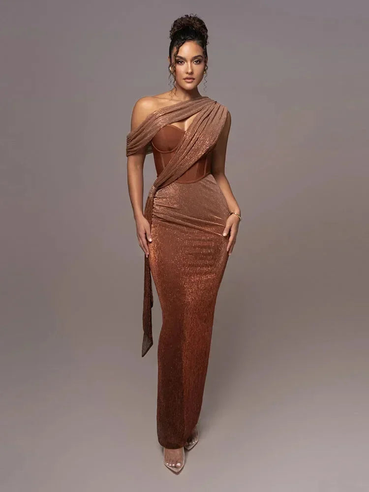 Women’s brown asymmetric evening maxi dress featuring a draped neckline and shimmering fabric, ideal for formal occasions.