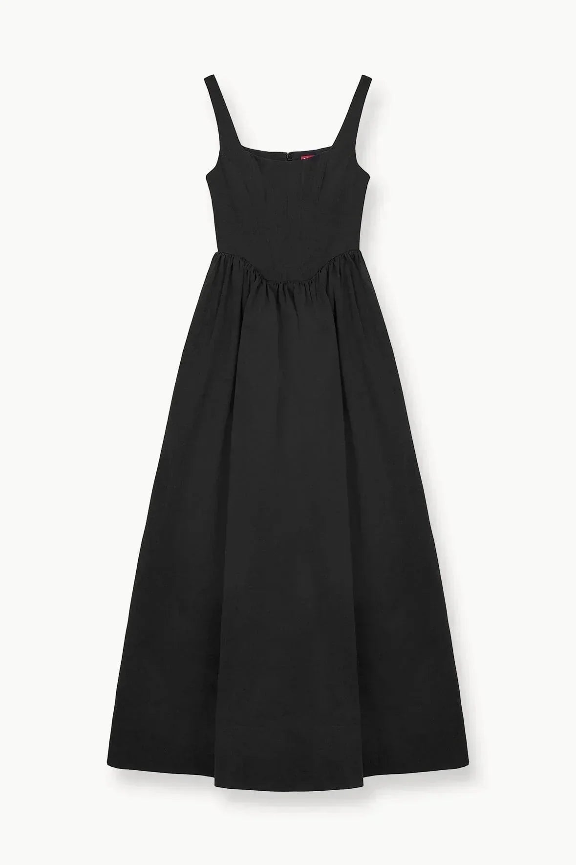 Women’s sleeveless black maxi dress with a square neckline and flared skirt, made of soft, breathable fabric for comfort.