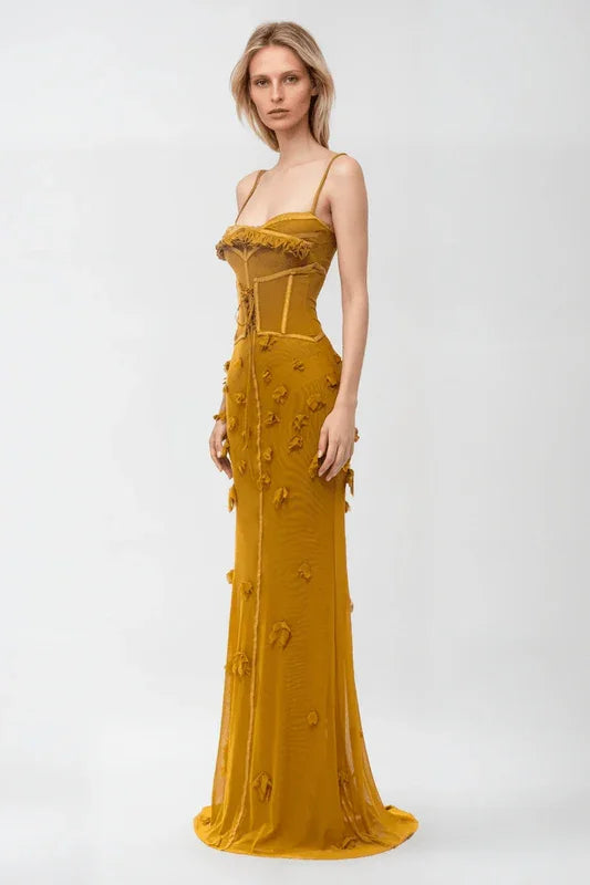 Women's sleeveless corset maxi dress with floral detailing in mustard – Bahnhof Boutique