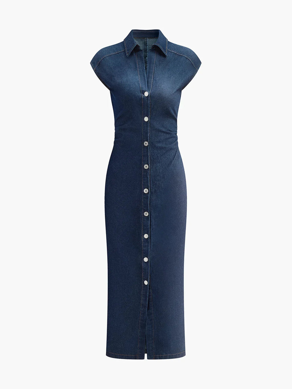 Women’s sleeveless dark blue denim midi dress with button-down front and a classic fit, made of durable cotton fabric.