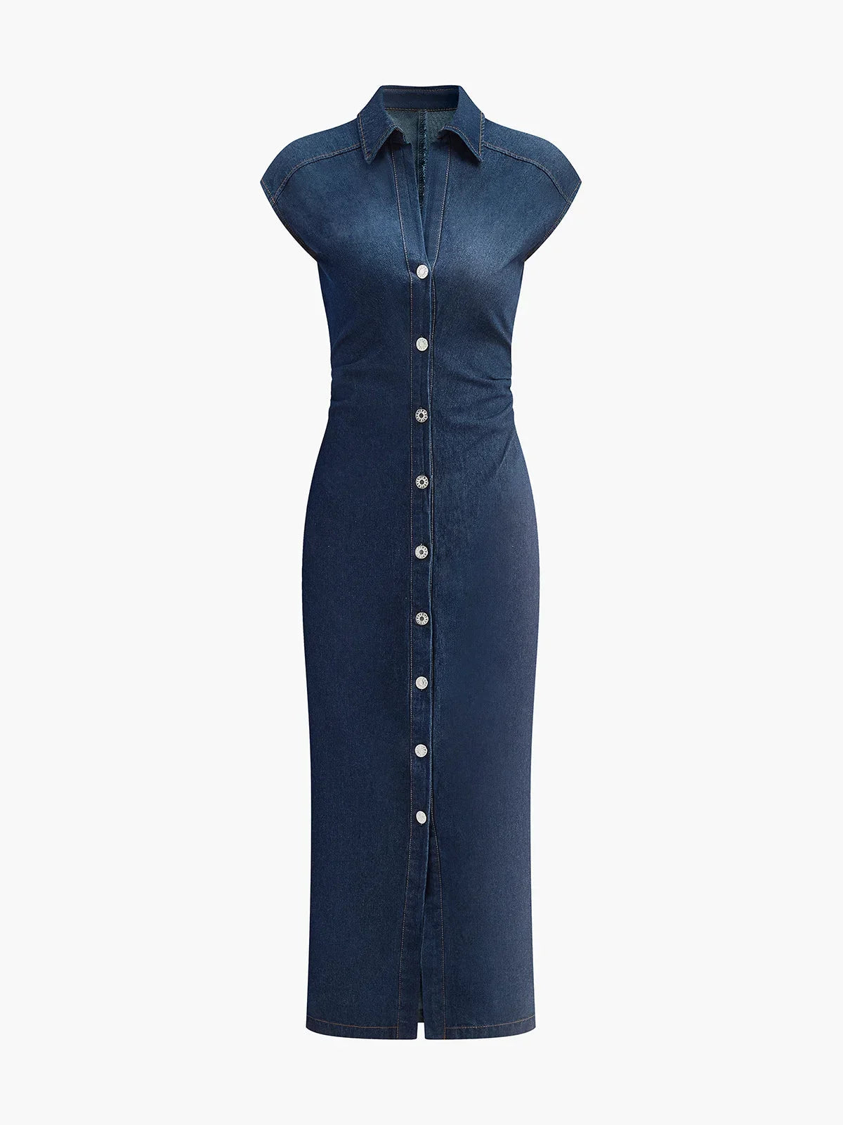 Women’s sleeveless dark blue denim midi dress with button-down front and a classic fit, made of durable cotton fabric.