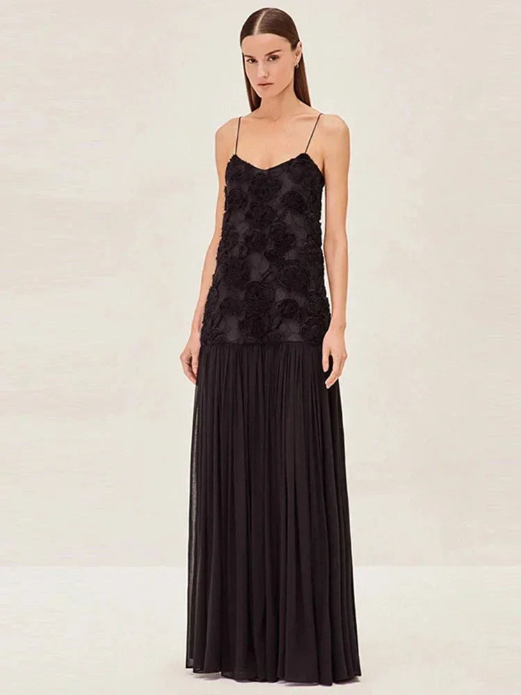 Women's sleeveless maxi dress featuring lace details and delicate straps in lightweight fabric, perfect for warm weather…