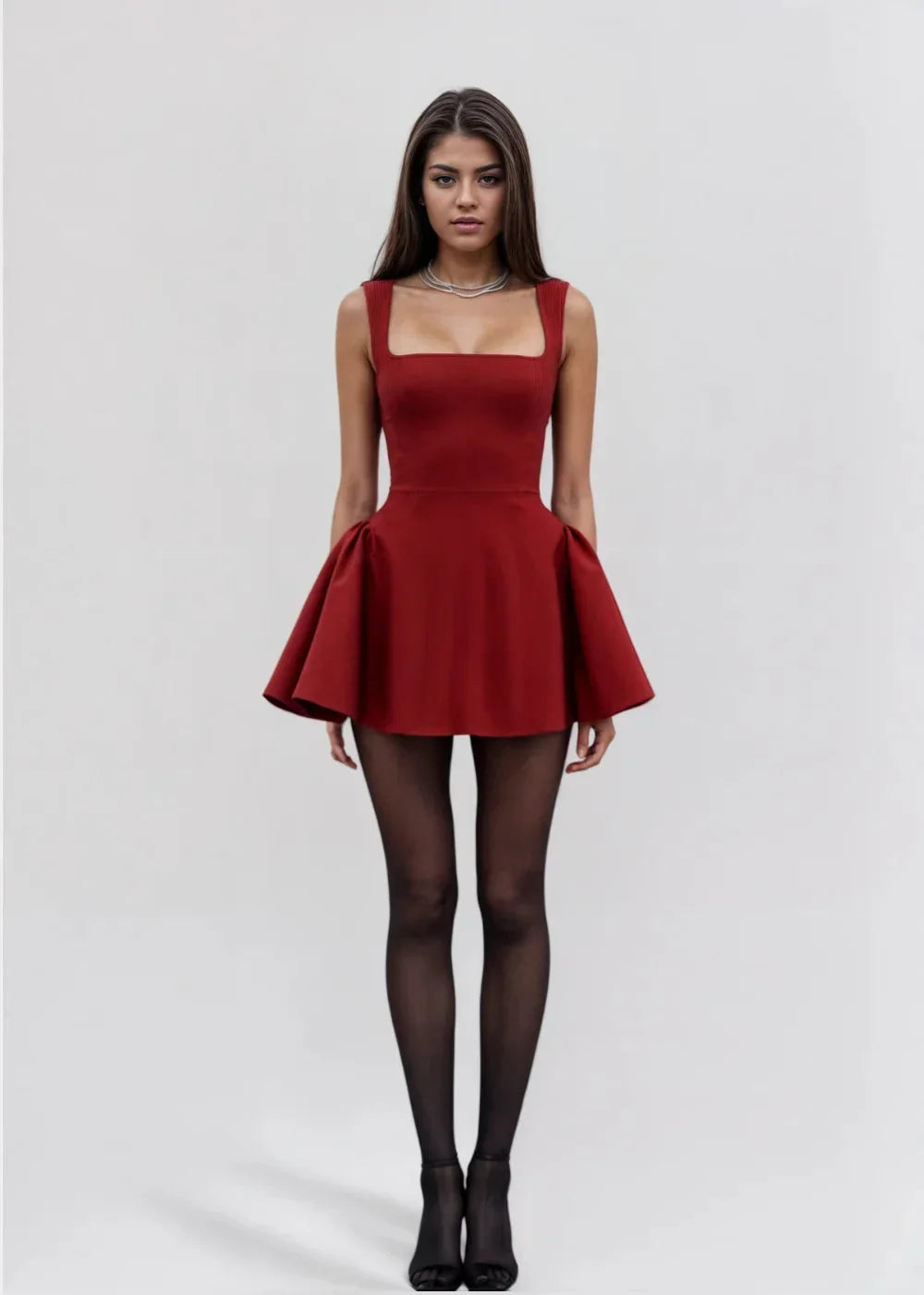 Red women's skater mini dress with a square neckline, flared skirt, and soft fabric for a comfortable fit.