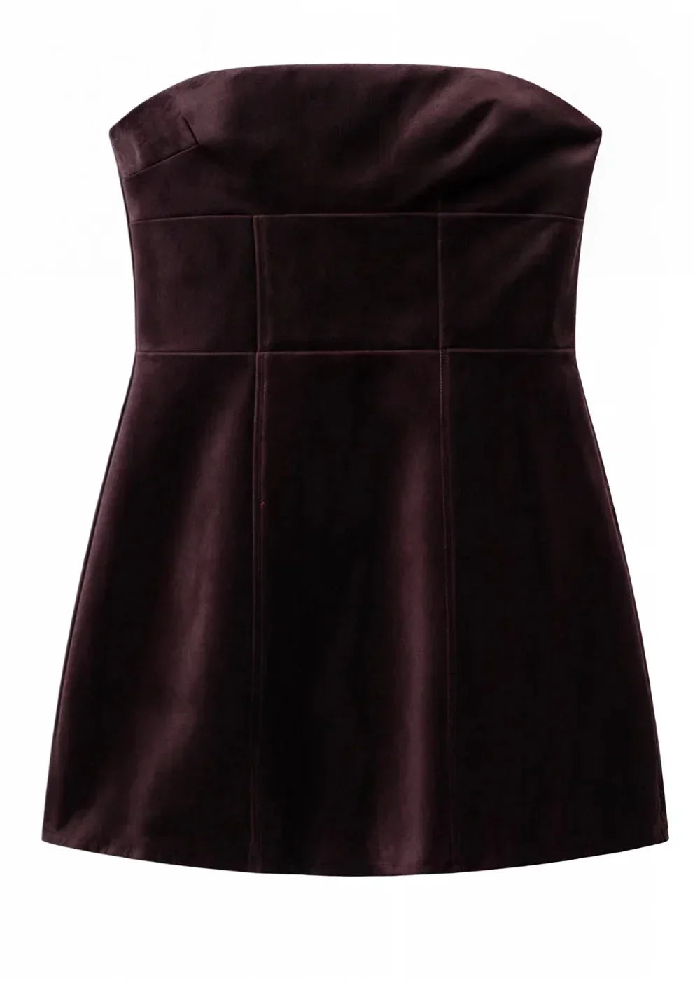 Burgundy strapless mini dress made of soft fabric, featuring a fitted bodice and flared skirt, perfect for evening events.