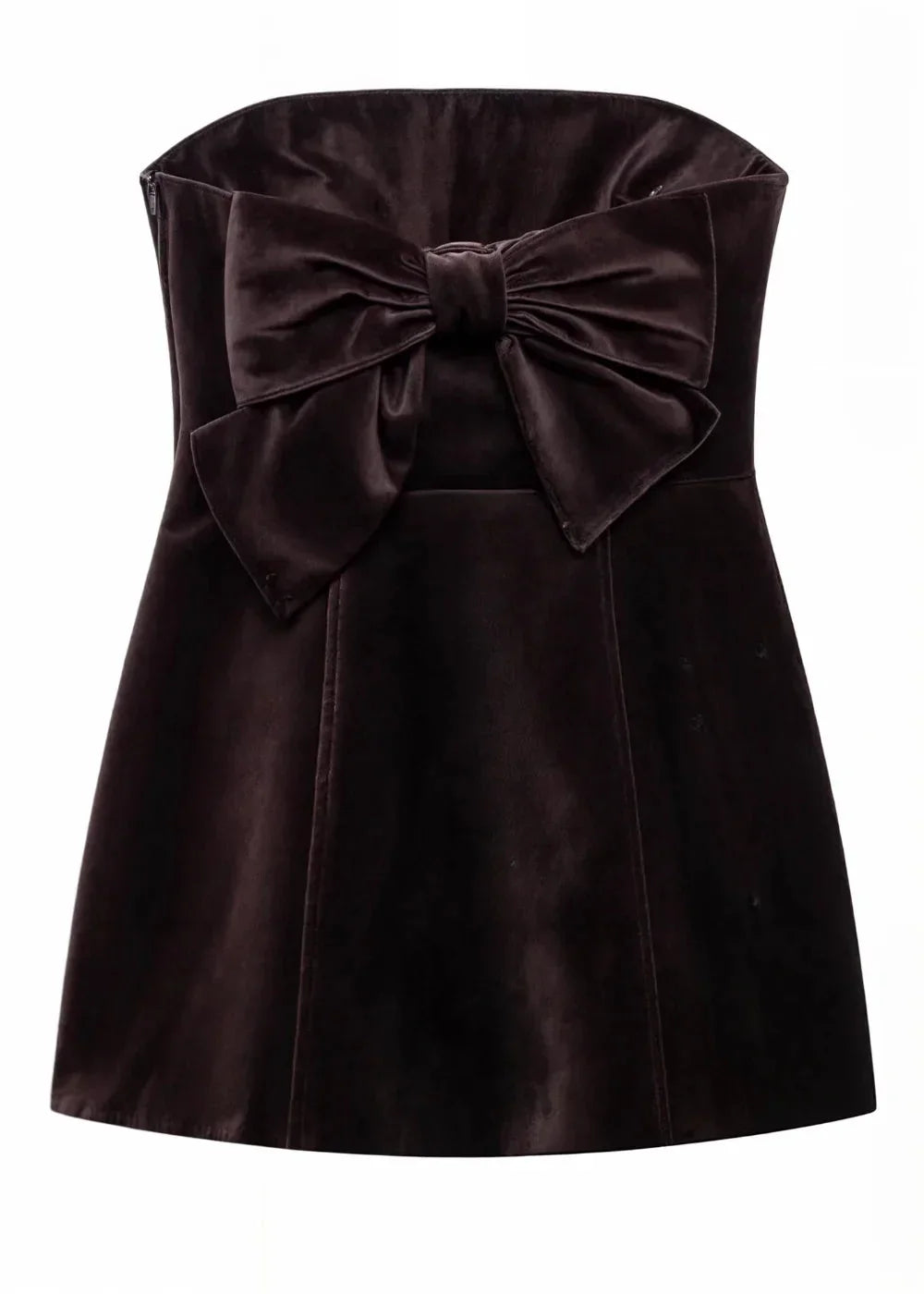 Strapless burgundy mini dress in soft fabric, featuring a fitted bodice and flared skirt, perfect for evening events.