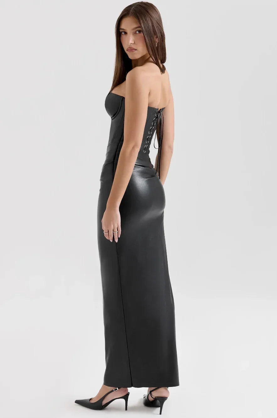 Women’s strapless fitted maxi dress in soft fabric, featuring draped detailing for a flattering silhouette.