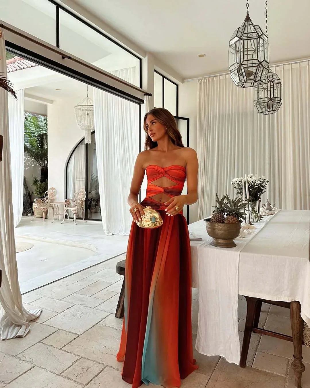 Women’s strapless maxi dress in a bold color block design, crafted from lightweight fabric for a comfortable fit.