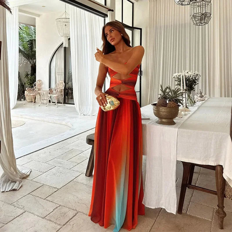 Women’s strapless maxi dress featuring a bold color block design, made from soft, breathable fabric for comfort and style.