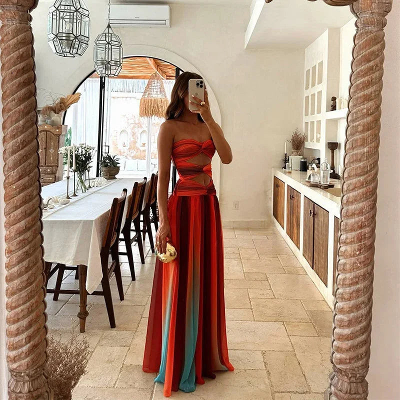 Women’s strapless maxi dress featuring a bold color block design in lightweight cotton blend for comfort and style.