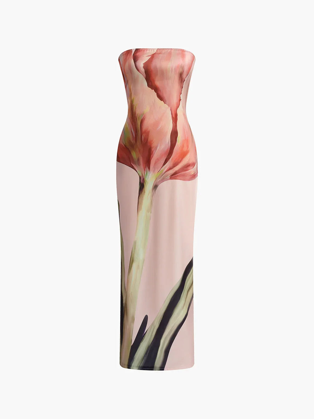 Women’s strapless maxi dress featuring a floral pattern in vibrant hues, made from lightweight, breathable fabric for…