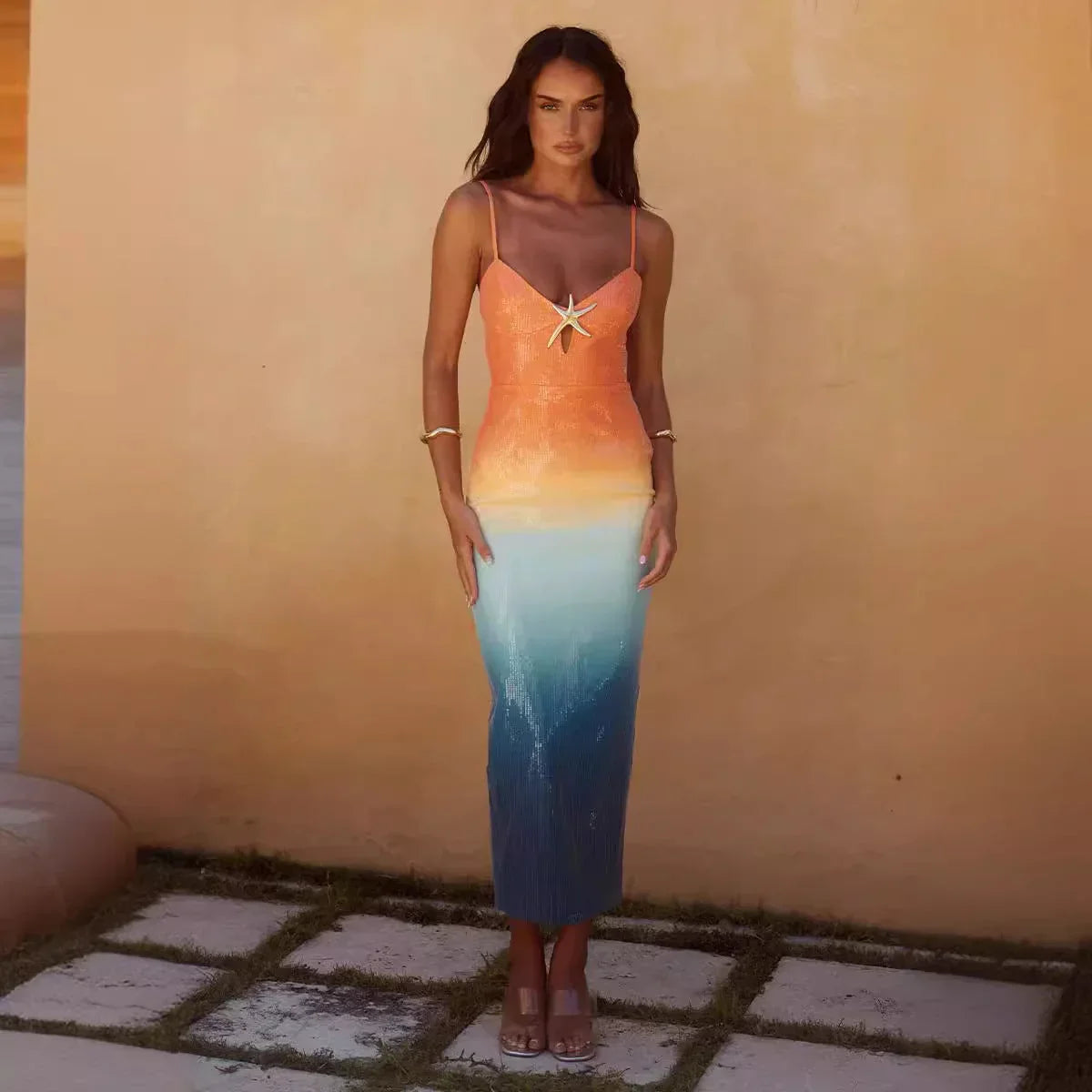 Women’s sunset ombre midi dress in soft fabric featuring starfish detail and adjustable spaghetti straps for a relaxed fit.