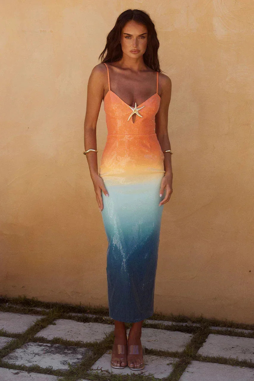 Women’s sunset ombre midi dress in soft fabric, featuring starfish detail and adjustable spaghetti straps for a relaxed fit.