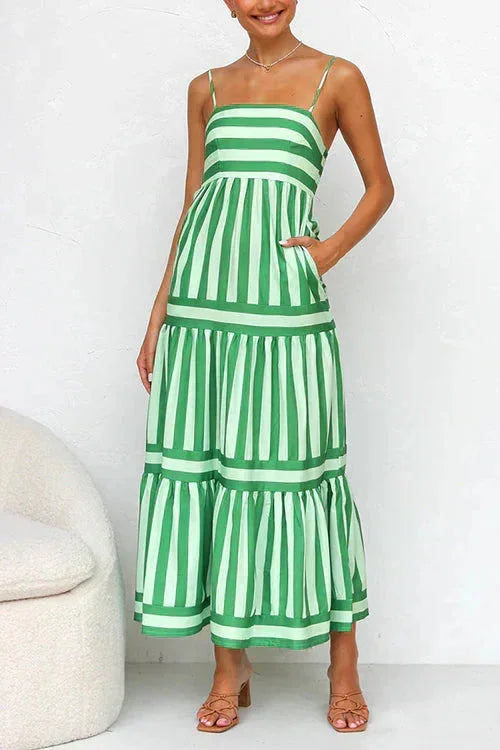 Women’s tiered midi dress with a strappy top, made of lightweight fabric, featuring vertical stripes for a flattering look.