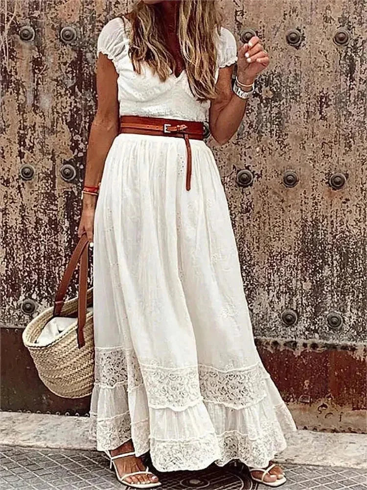 Women’s v-neck lace maxi dress with cap sleeves, featuring a belted waist and elegant lace detailing, perfect for formal…